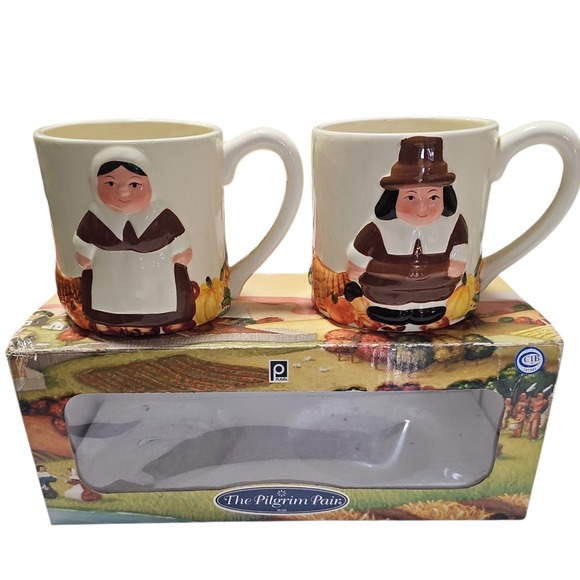 Vintage The Pilgrim Pair Mugs Publix Thanksgiving Fall Decor Coffee Tea Cups Set - Picture 1 of 6